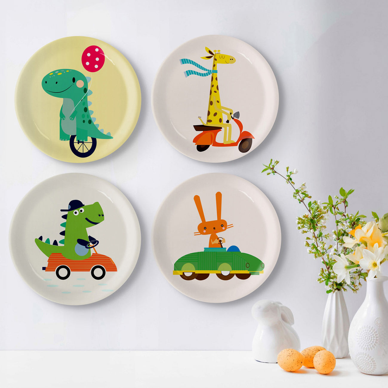 Playful Art for Kids' Rooms Dino car porcelain plate