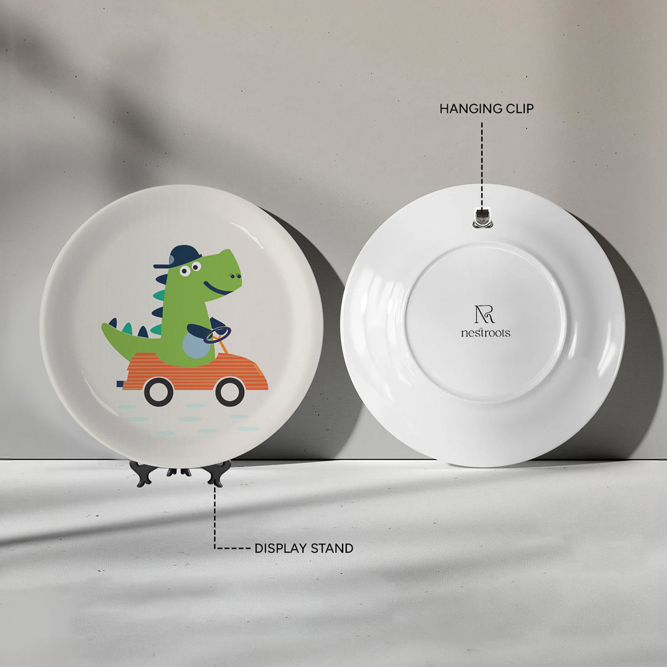 Playful Art for Kids' Rooms Dino car porcelain plate