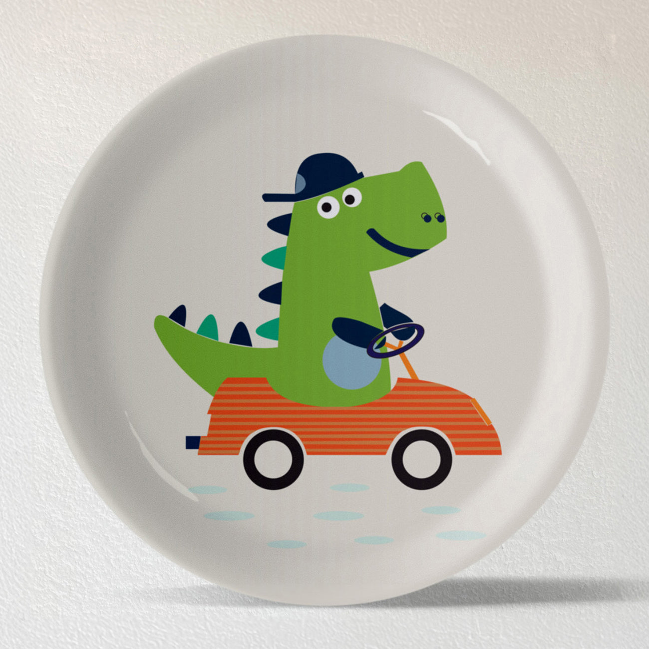 Playful Art for Kids' Rooms Dino car porcelain plate