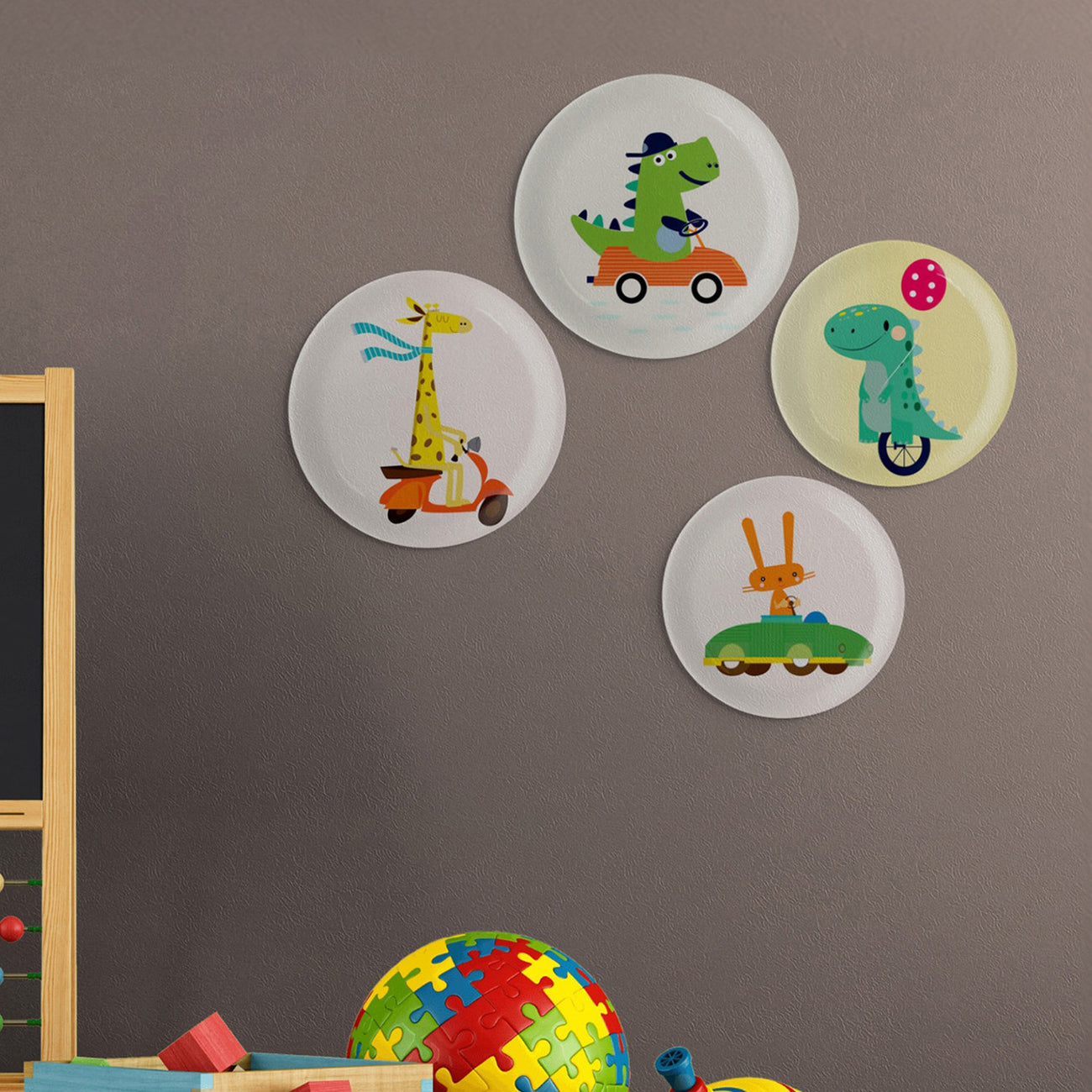 Playful Art for Kids' Rooms Dino car porcelain plate