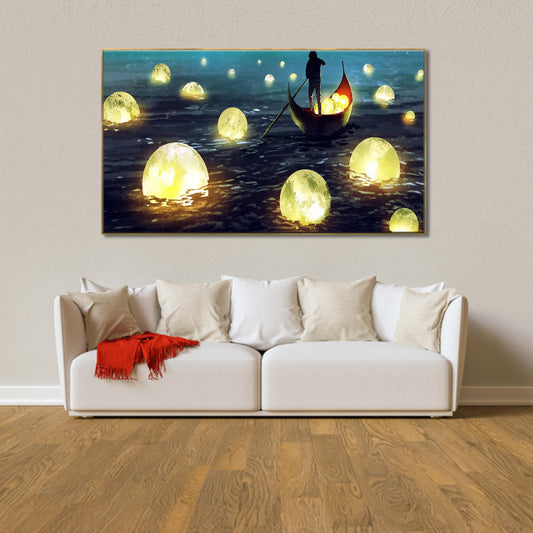 Enchanting Glow: Boat and Orbs Wall Painting