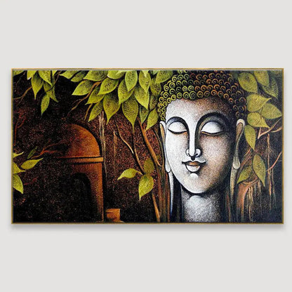 Tranquil Buddha: Lush Green Leaves Wall Painting