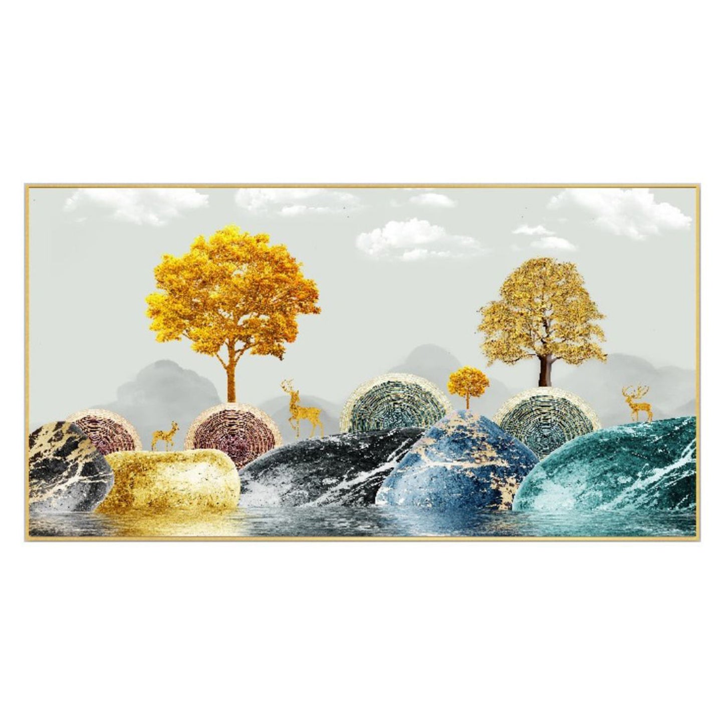 Golden Landscape with Mystical Deer Wall Painting