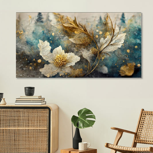Elegant Gold and White Flowers Wall Painting