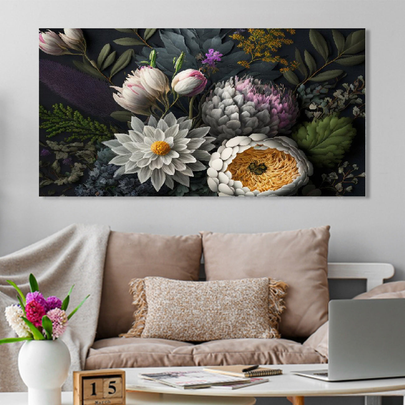 Vibrant Flowers on Sleek Black Wall Painting