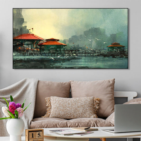 Serene Pier with Red Roof Wall Painting