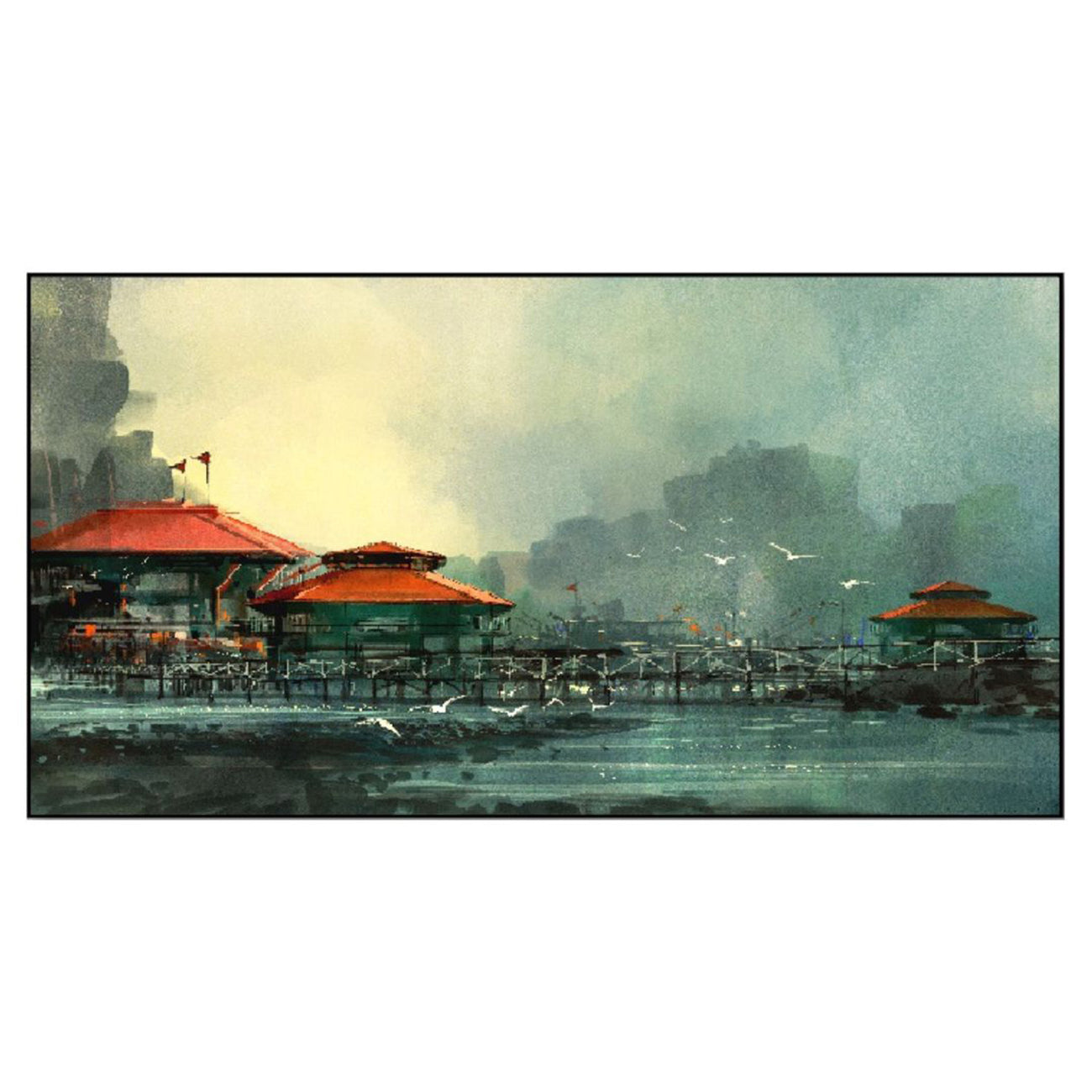 Serene Pier with Red Roof Wall Painting