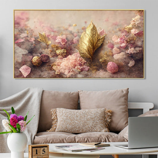 Pink and Gold Leaf Elegance Wall Painting