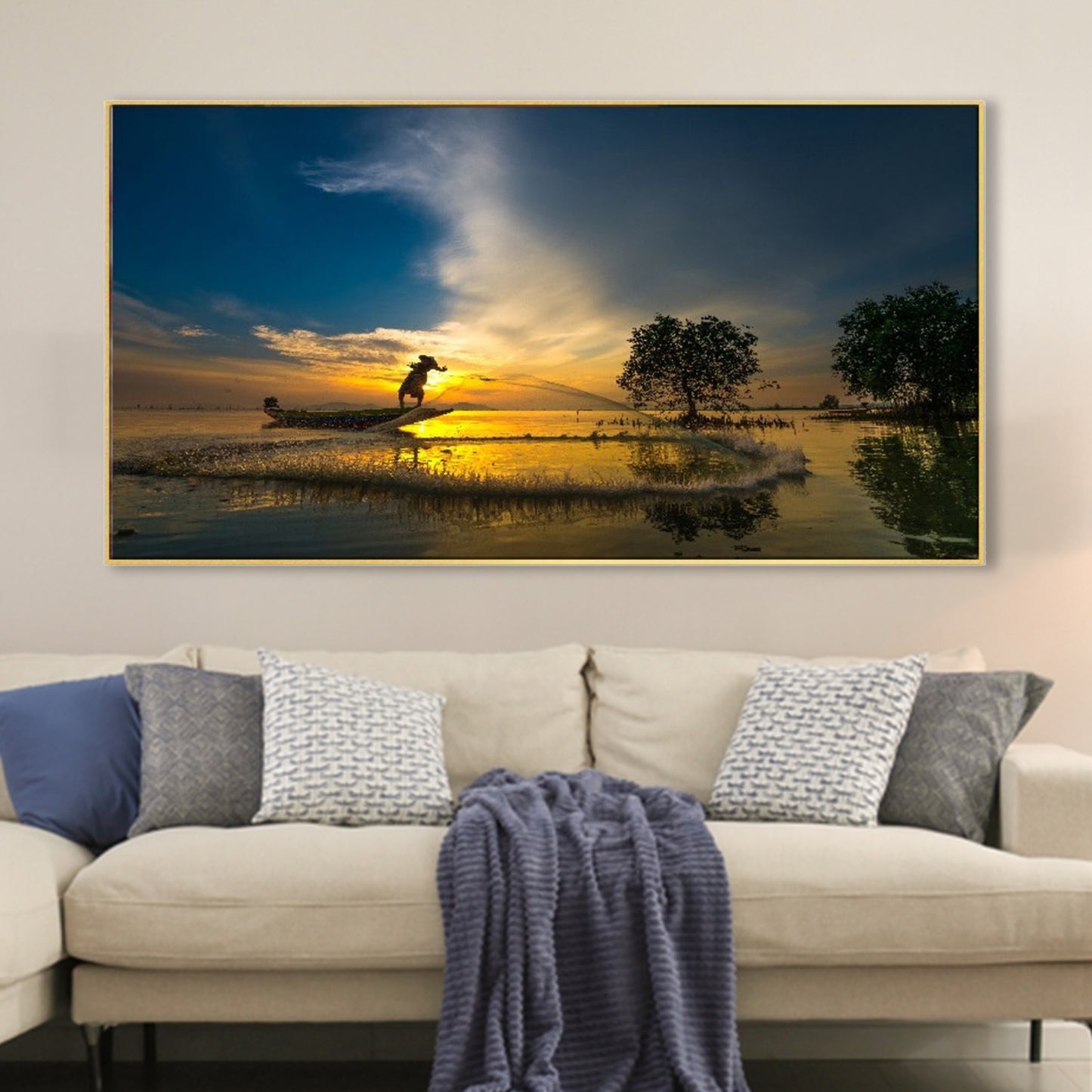 Serene Waterside Fisherman's Sunset Wal Painting