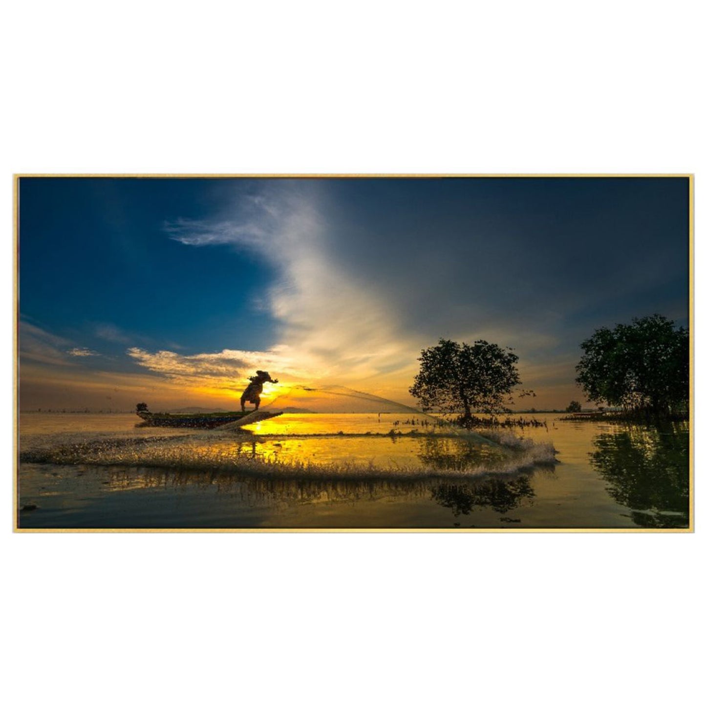 Serene Waterside Fisherman's Sunset Wal Painting