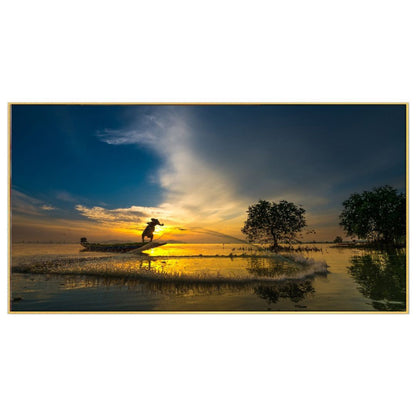 Serene Waterside Fisherman's Sunset Wal Painting