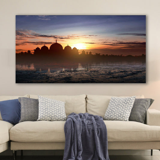 Sunset Serenity Over Reflective Mosque Wall Painting