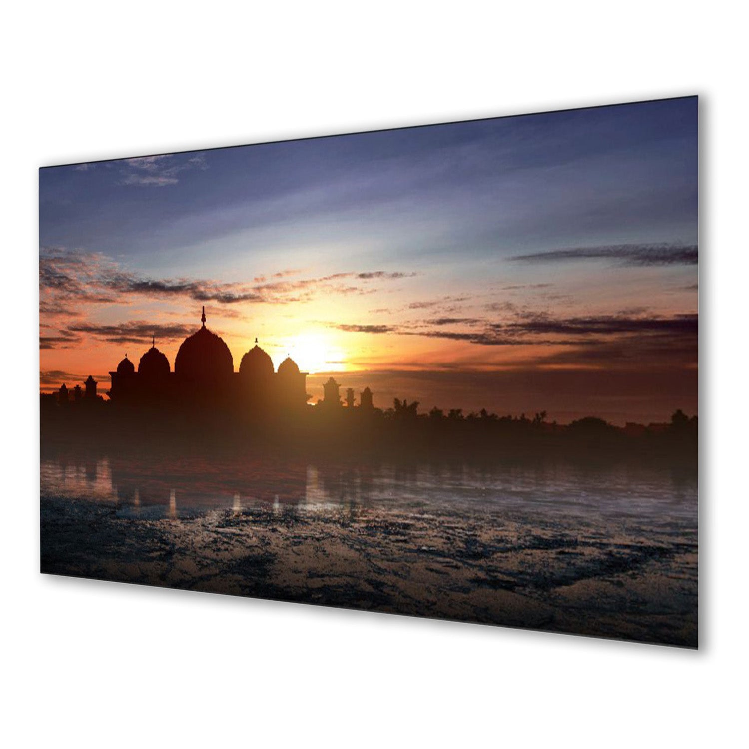 Sunset Serenity Over Reflective Mosque Wall Painting