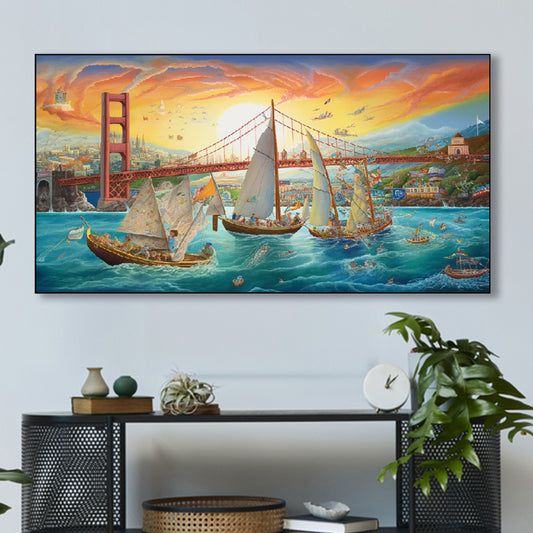 Tranquil Waters: Boats and Bridge Wall Painting