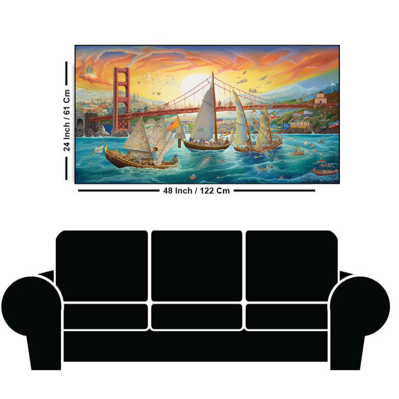 Tranquil Waters: Boats and Bridge Wall Painting