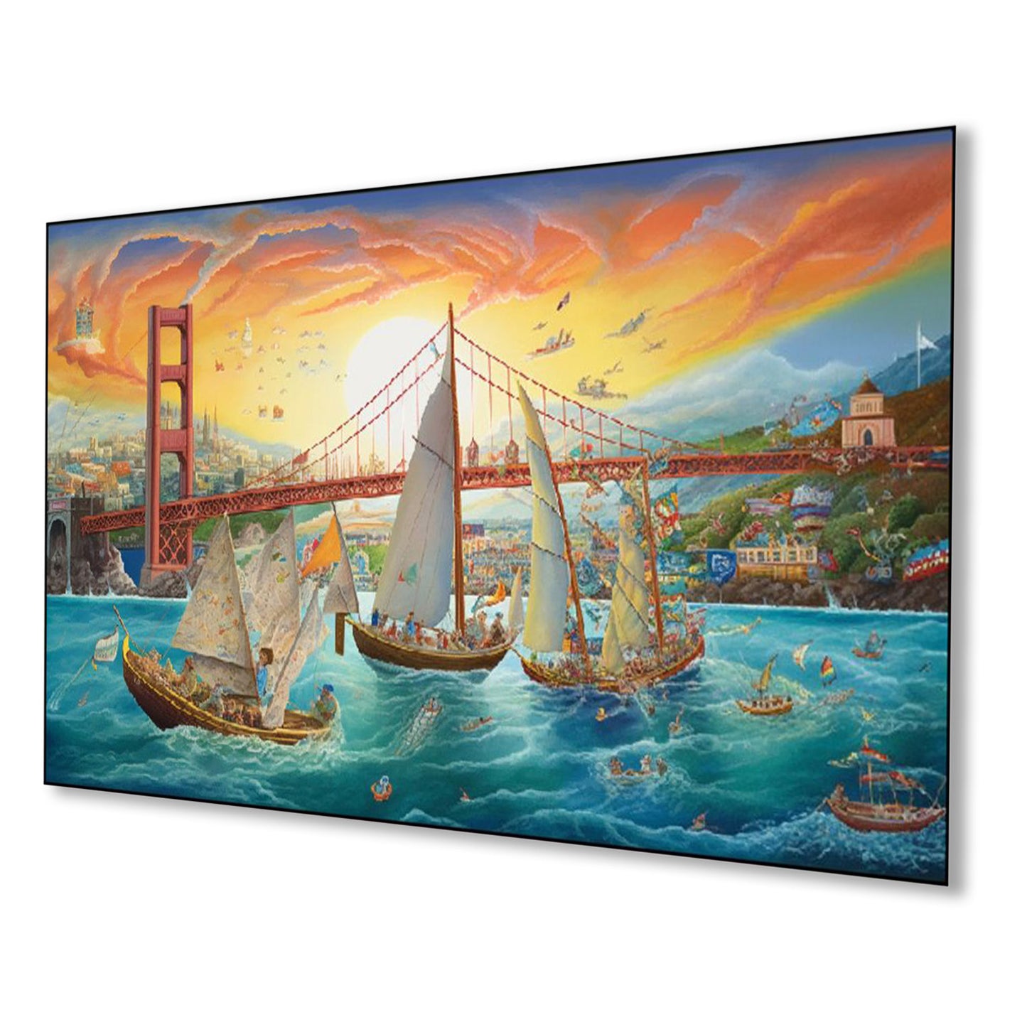 Tranquil Waters: Boats and Bridge Wall Painting
