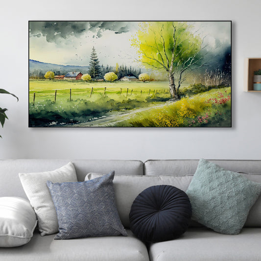 Tranquil Farm Amidst Lush Trees Wall Painting