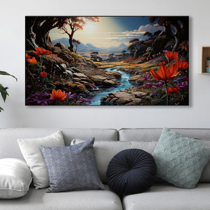 Tranquil Stream: Floral Mountain Scenery Wall Painting