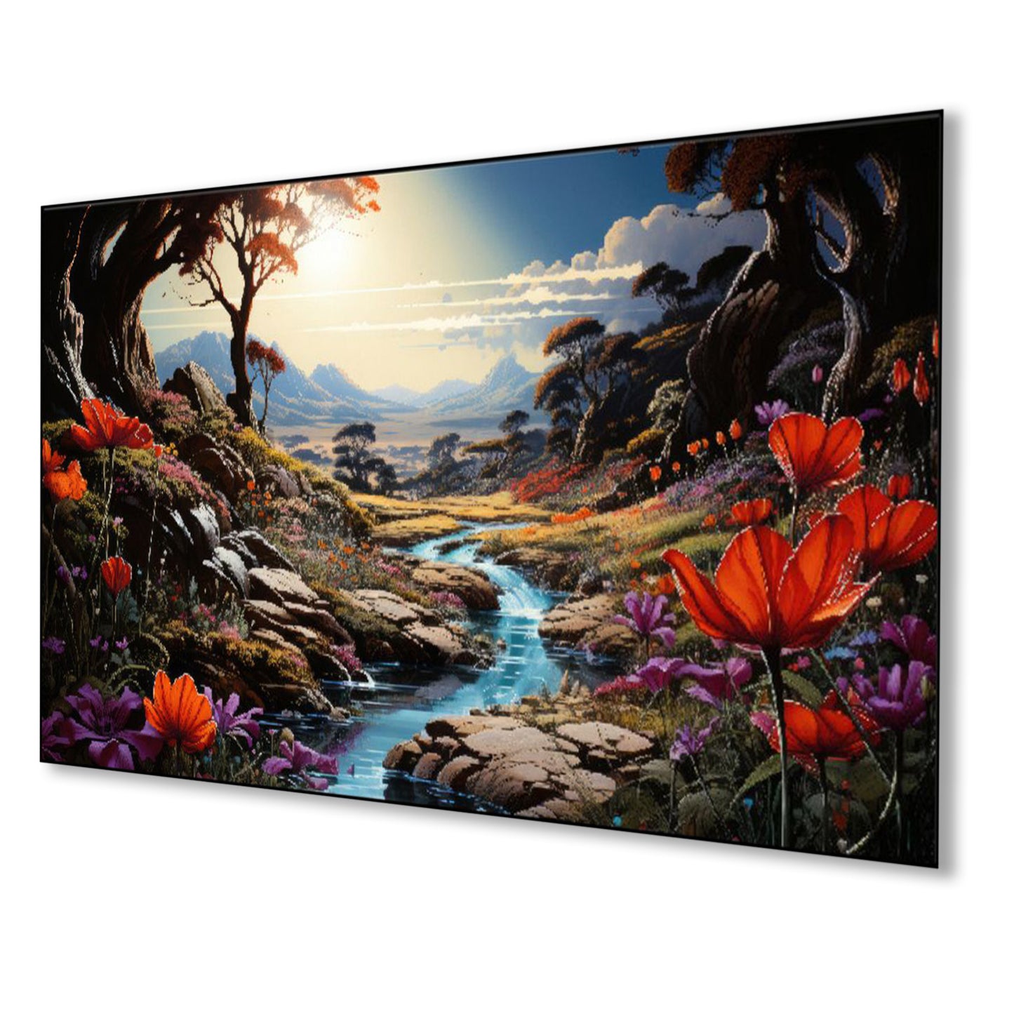 Tranquil Stream: Floral Mountain Scenery Wall Painting