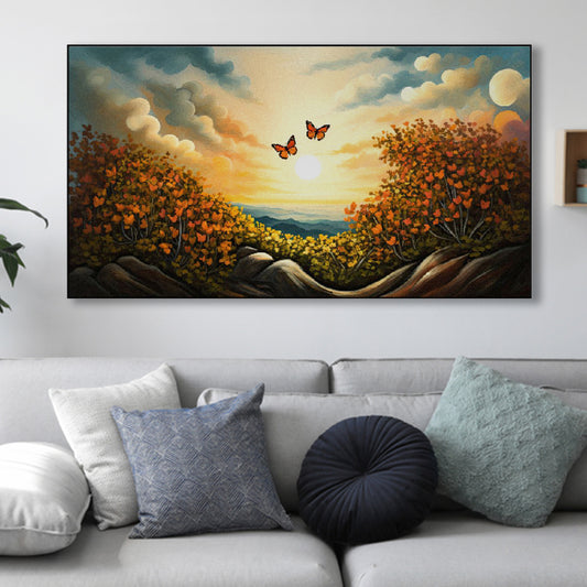 Graceful Butterflies Over Majestic Mountain Wall Painting