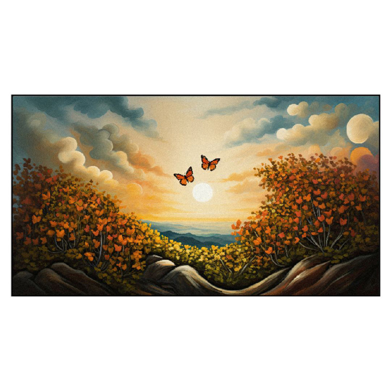 Graceful Butterflies Over Majestic Mountain Wall Painting