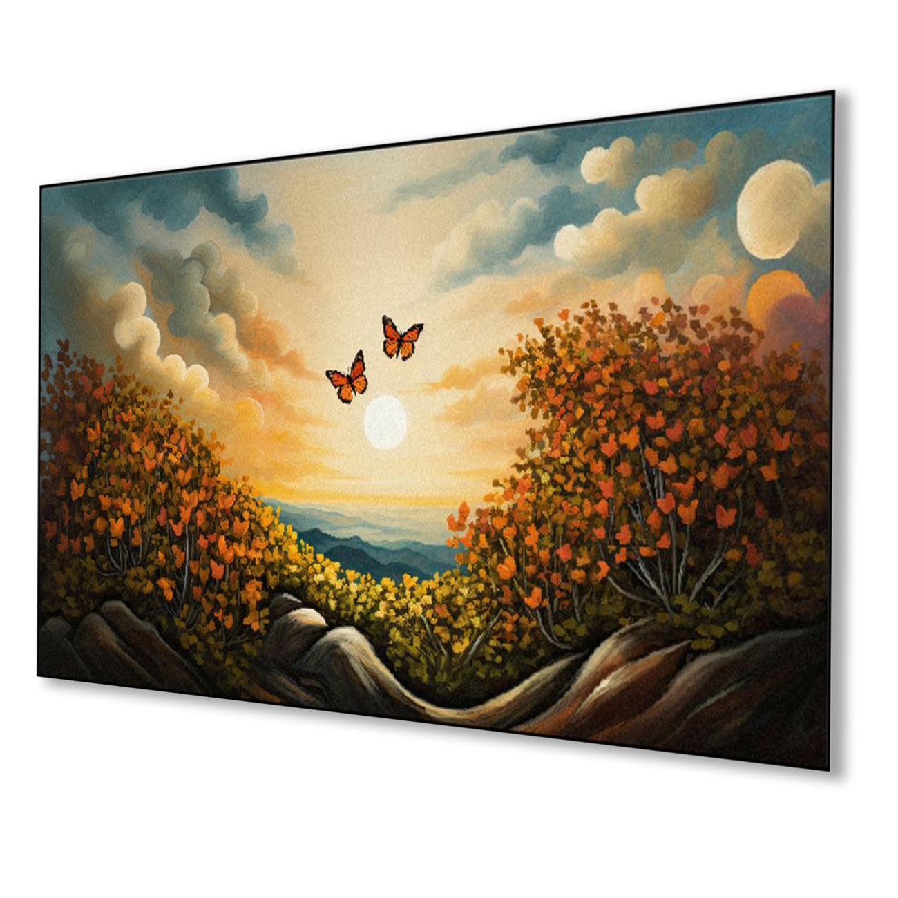 Graceful Butterflies Over Majestic Mountain Wall Painting