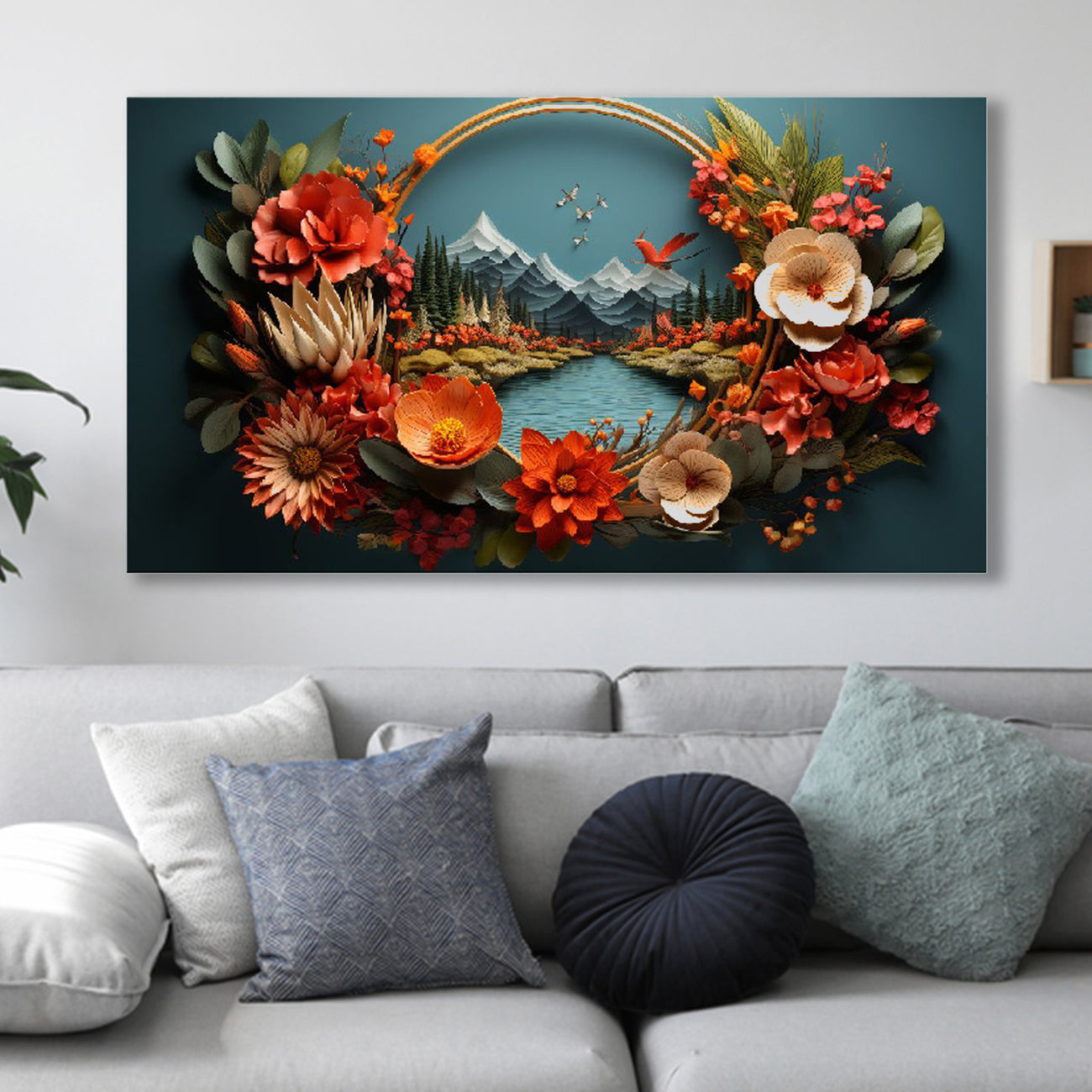 Floral Wreath Over Serene River Wall Painting