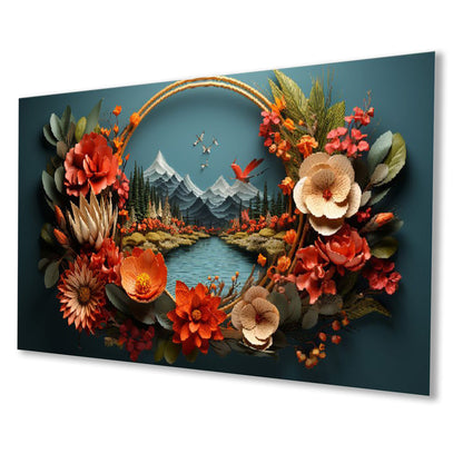 Floral Wreath Over Serene River Wall Painting