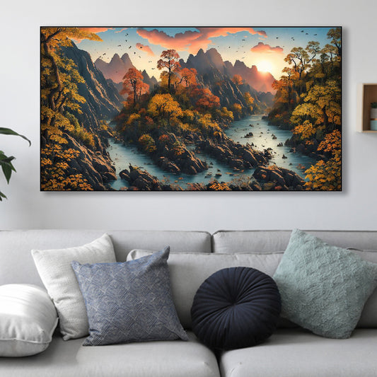 Tranquil River Through Majestic Mountains Wall Painting