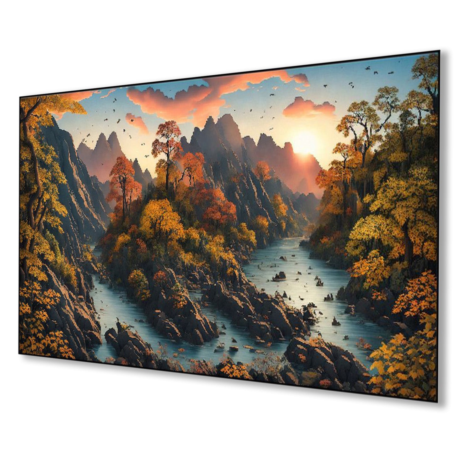 Tranquil River Through Majestic Mountains Wall Painting