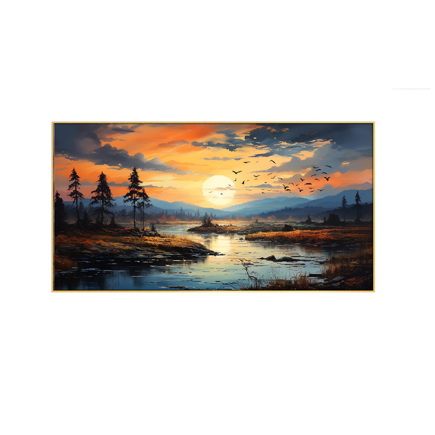 Tranquil Sunset River and Trees Wall Painting