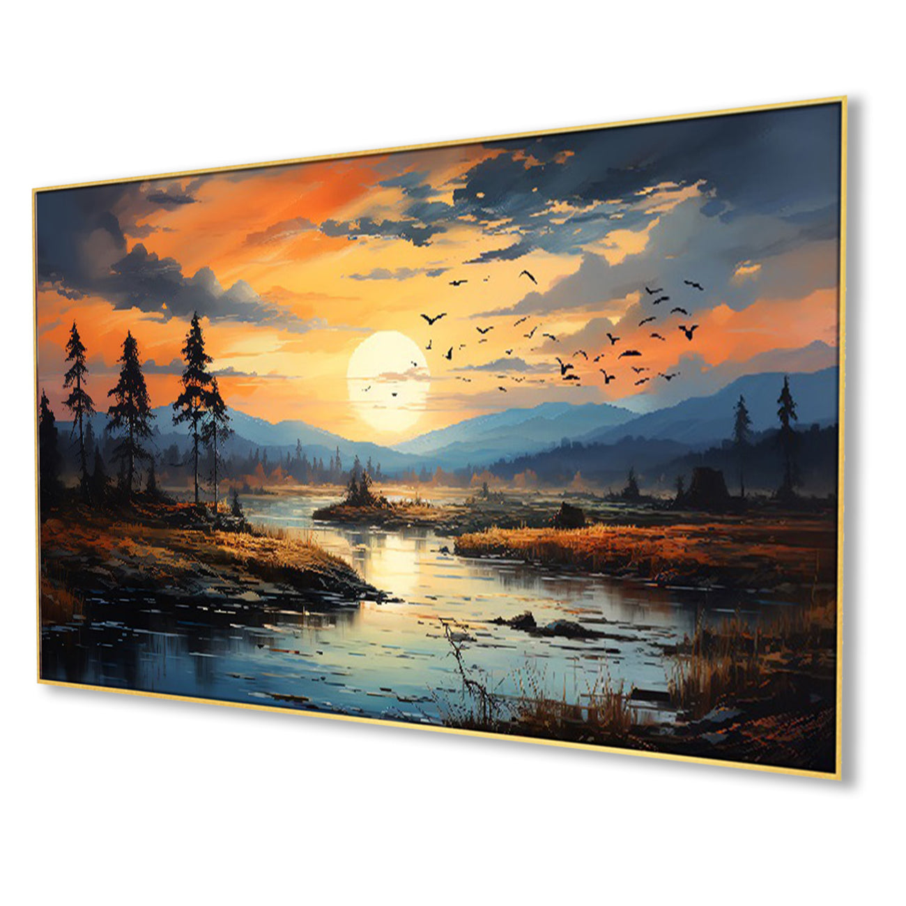 Tranquil Sunset River and Trees Wall Painting