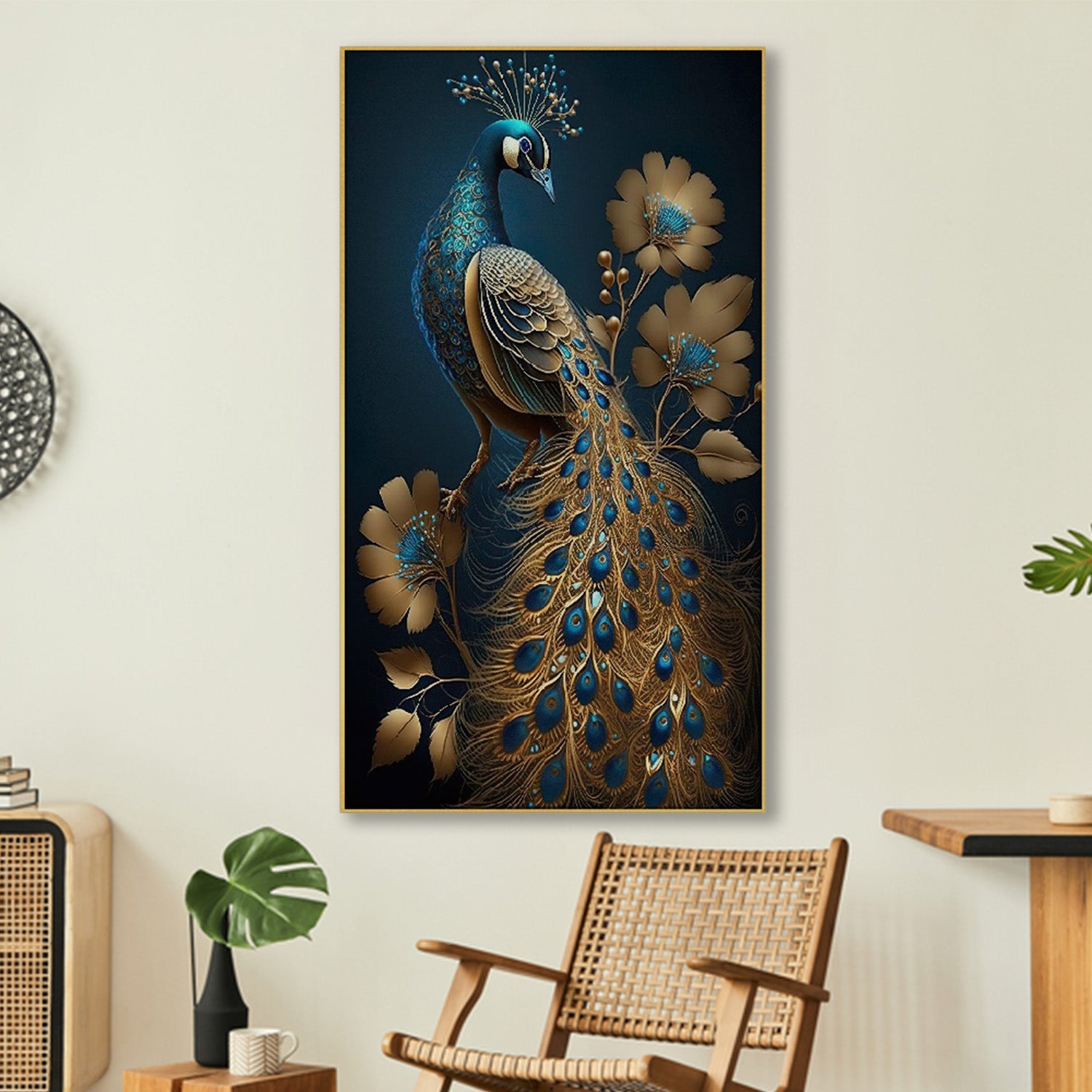 Majestic Peacock: Blue and Gold Wall Painting – Nestroots