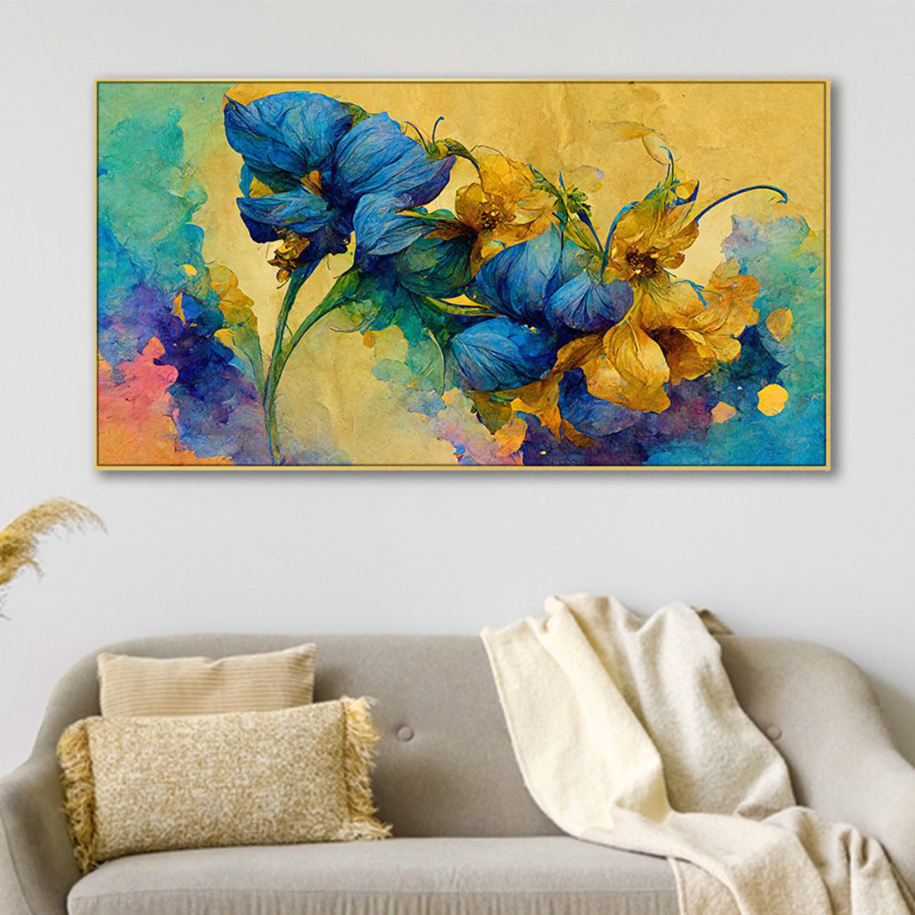 Blue Blooms on Golden Canvas Wall Painting