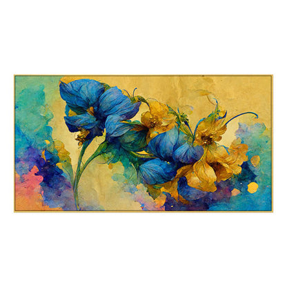 Blue Blooms on Golden Canvas Wall Painting