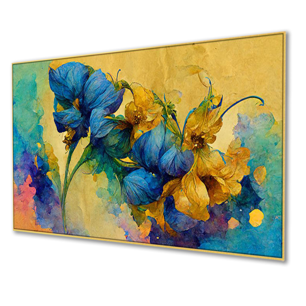 Blue Blooms on Golden Canvas Wall Painting