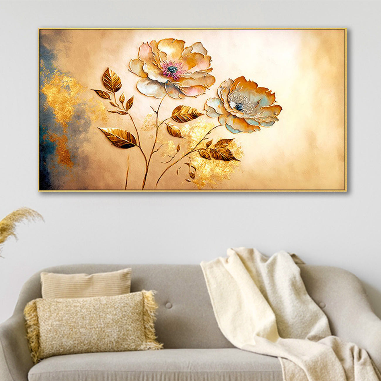 Vibrant Flowers on Golden Canvas Wall Painting