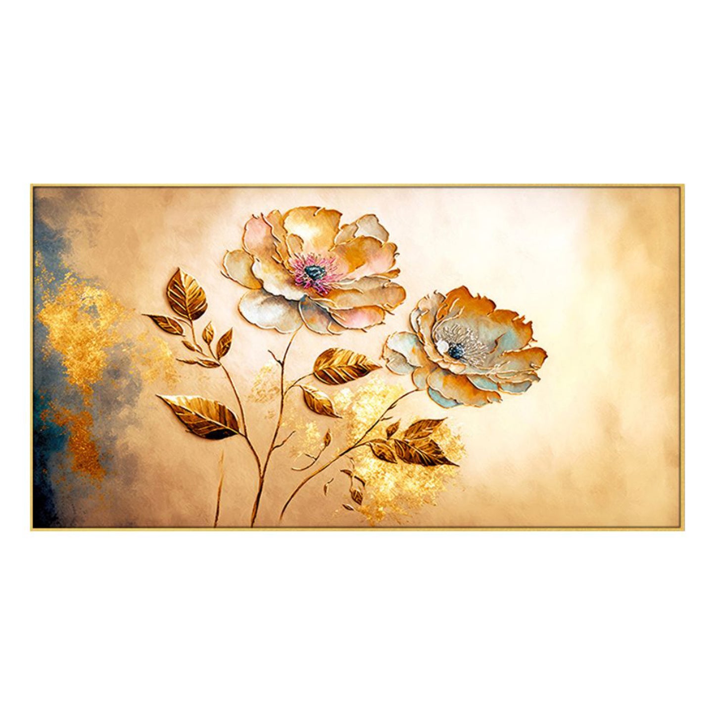 Vibrant Flowers on Golden Canvas Wall Painitng