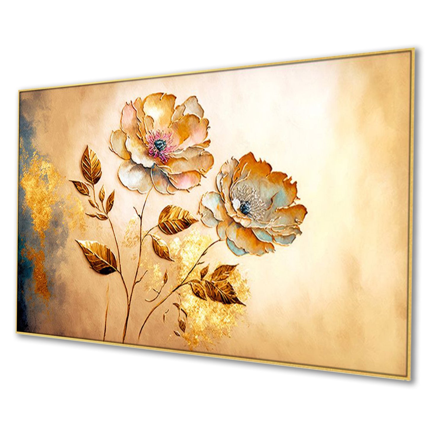 Vibrant Flowers on Golden Canvas Wall Painitng