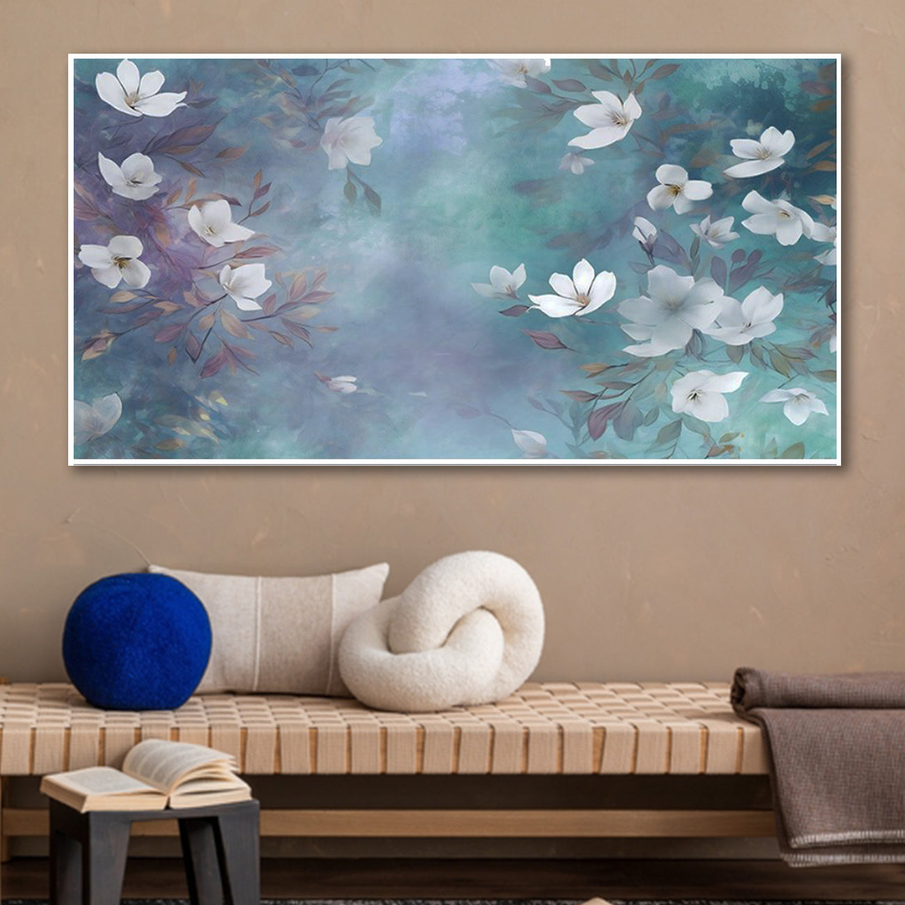 Serenity: White Flowers on Blue Wall Painting