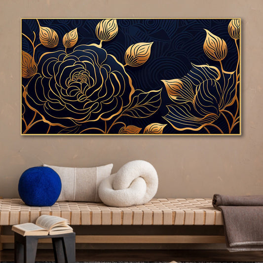 Elegant Golden Floral on Black Wall Painting