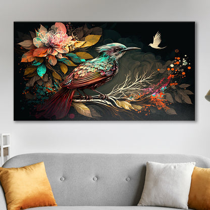 Colorful Bird and Floral Branch Wall Painting