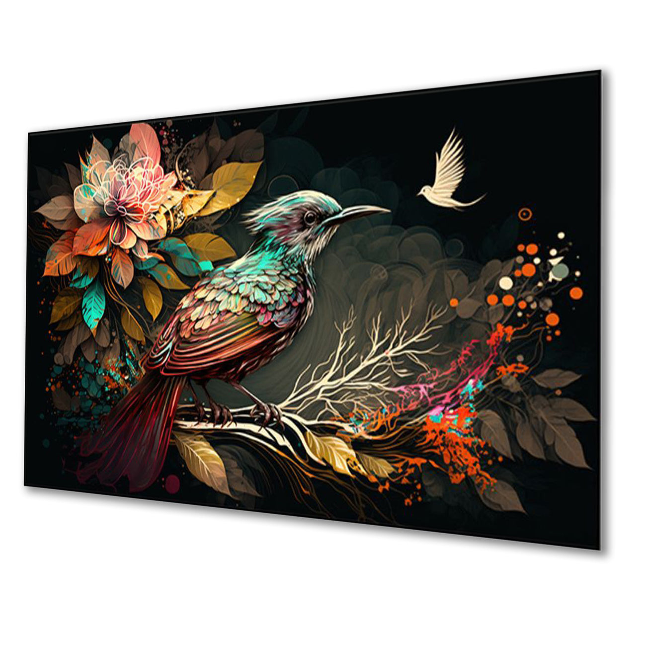 Colorful Bird and Floral Branch Wall Painting