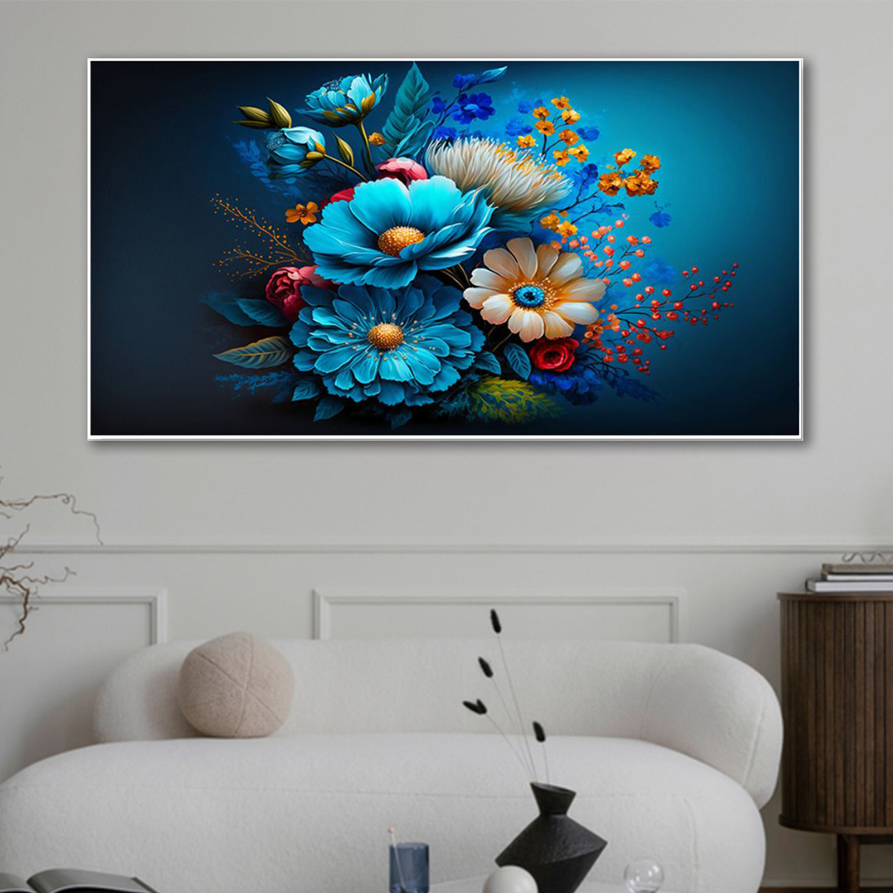 Elegant Blue Flowers on Dark Wall Painting