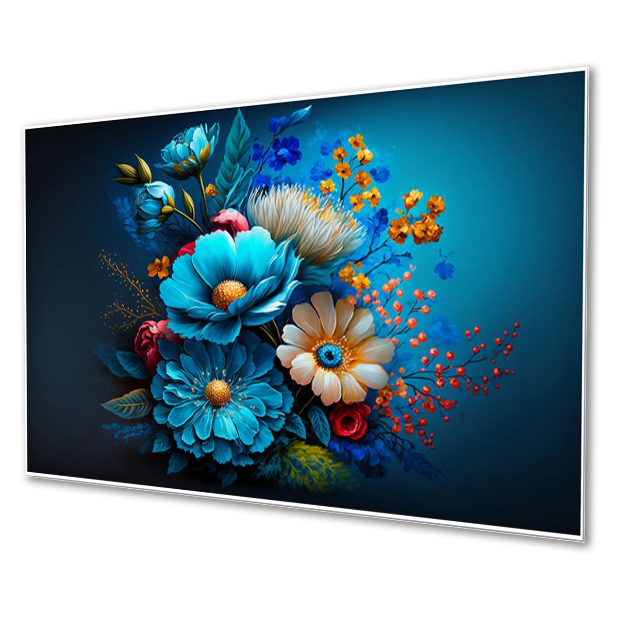 Elegant Blue Flowers on Dark Wall Painting