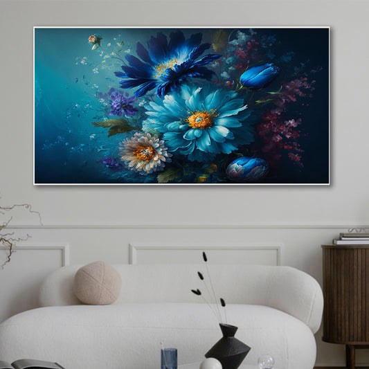 Captivating Blue Flowers on Dark Wall Painting