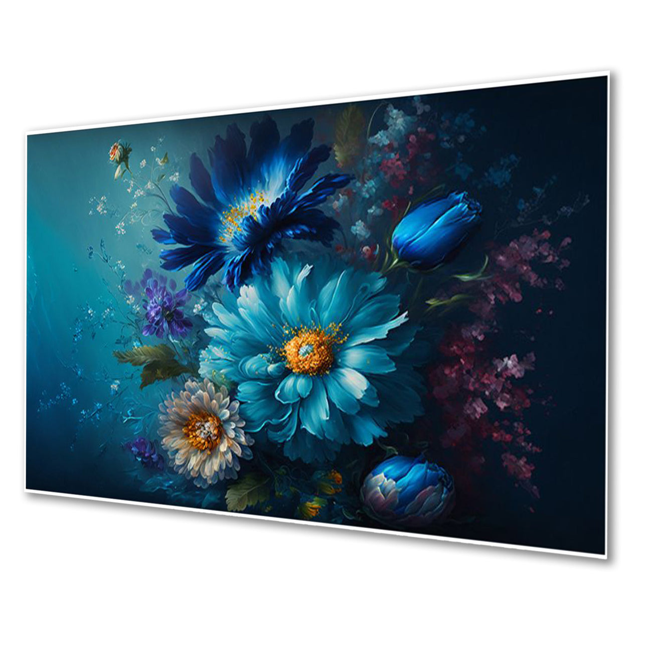 Captivating Blue Flowers on Dark Wall Painting