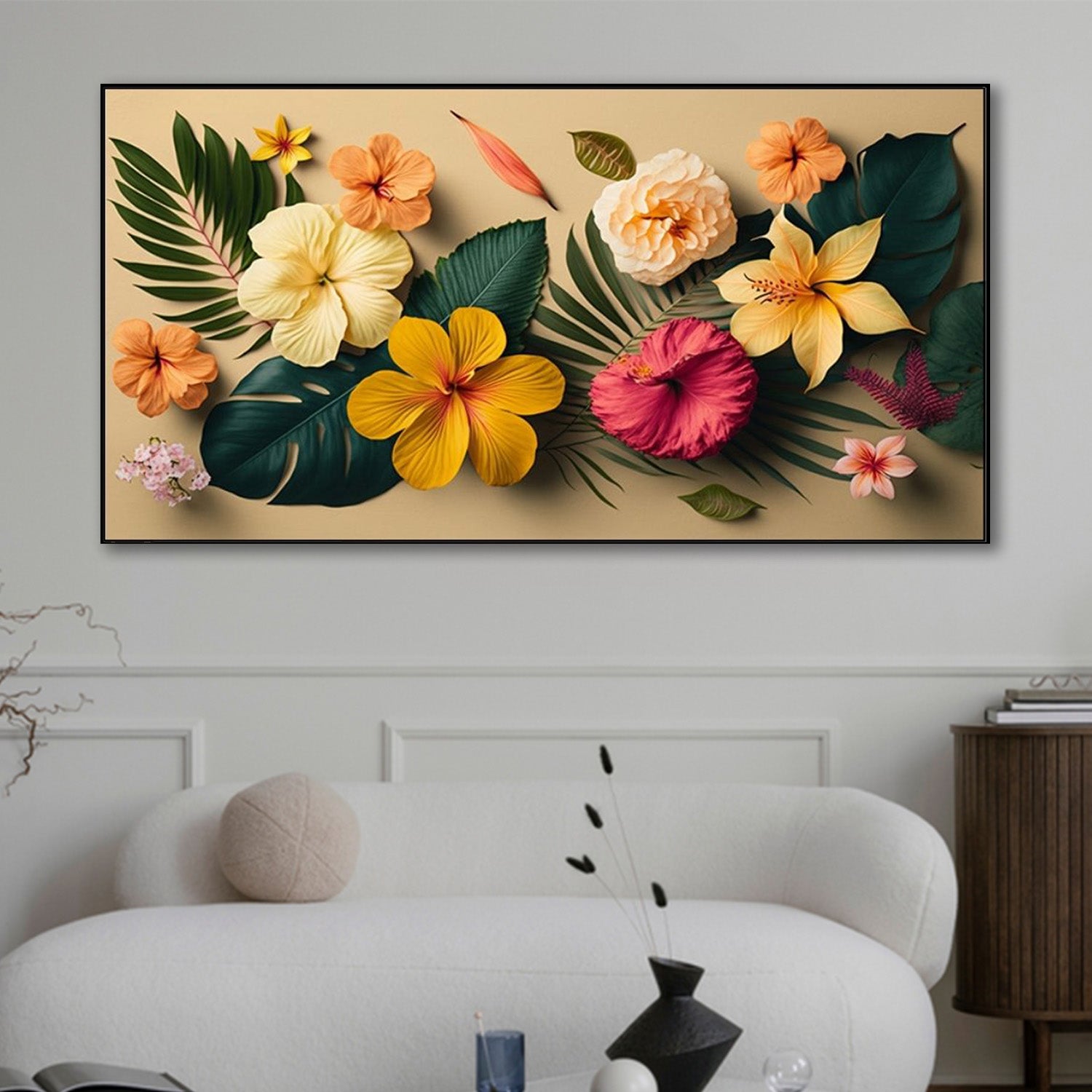 Tranquil Tropical Flowers on Beige Wall Painting