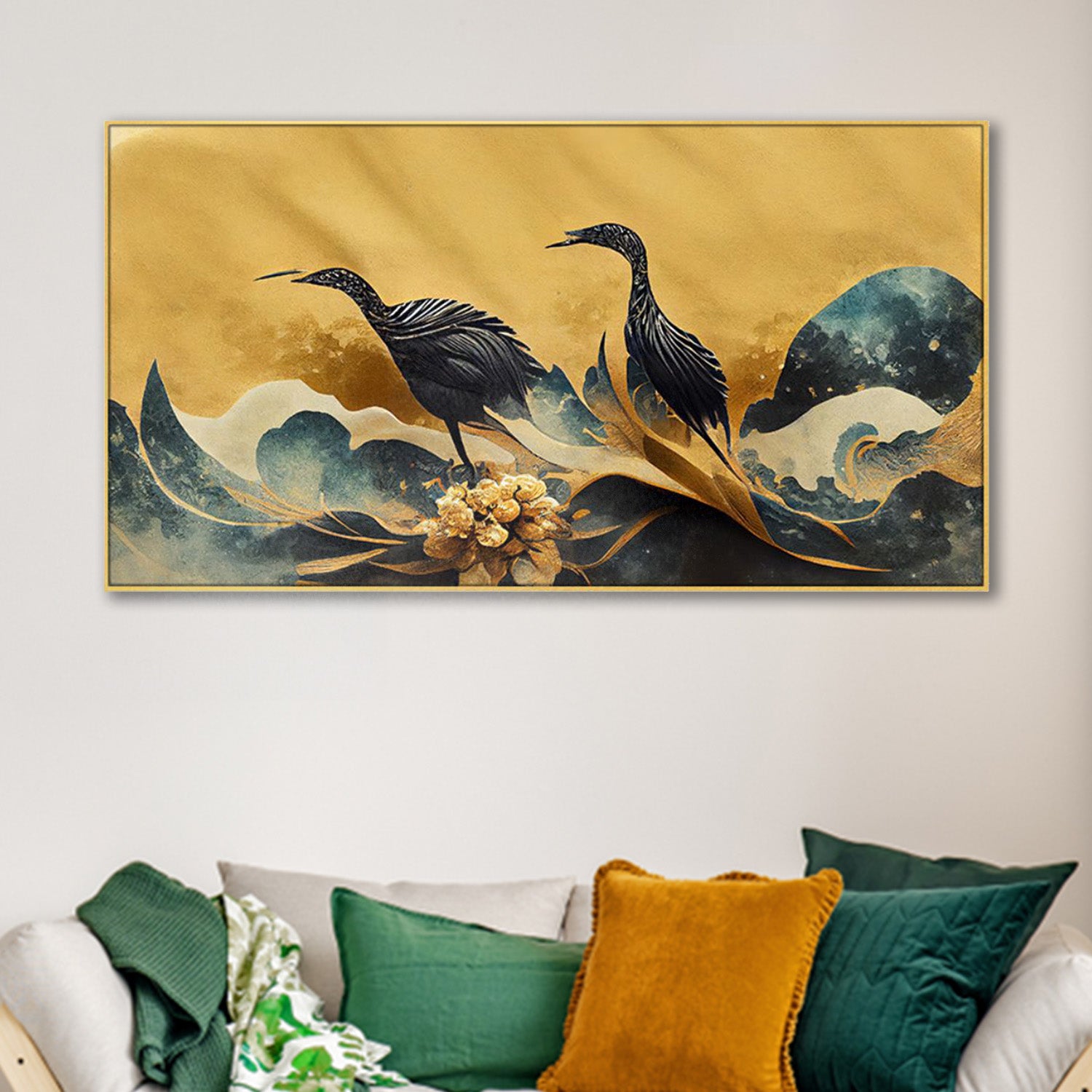 Elegant Birds on Shimmering Gold Wall Painting