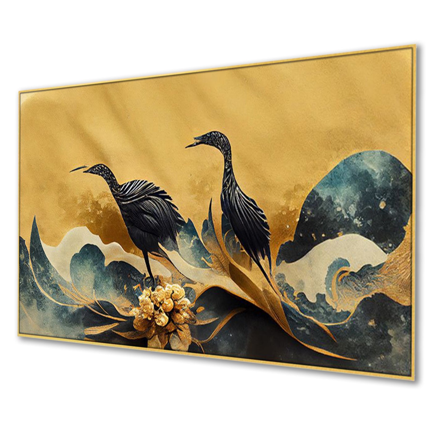 Elegant Birds on Shimmering Gold Wall Painting